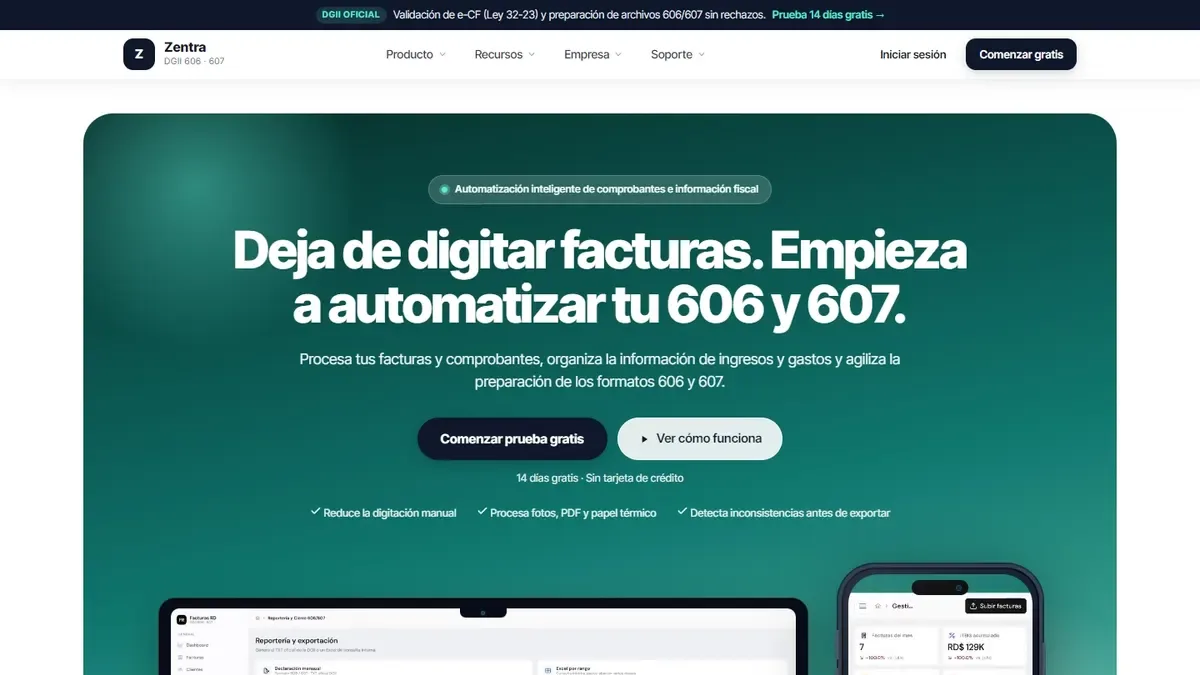 Automatización fiscal 606/607 — Convierte facturas en papel, PDF o foto en los archivos que la DGII pide, sin digitarlas a mano.